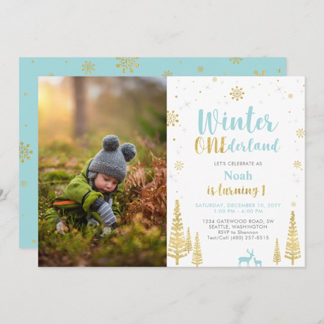 Invitation Winter Onederland, Garçon 1ère photo Anniversaire (Devant / Derrière)