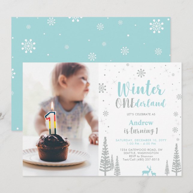 Invitation Winter Onederland, Garçon 1ère photo Anniversaire (Devant / Derrière)