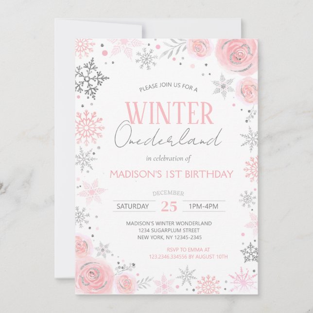 Invitation Winter Onederland Girl 1er anniversaire (Devant)