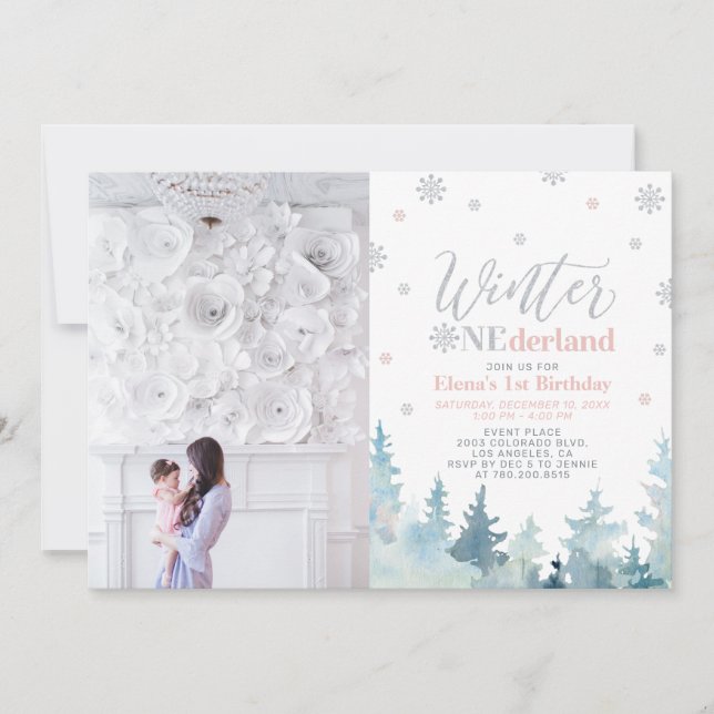 Invitation Winter Onederland Girl 1er Anniversaire Photo (Devant)