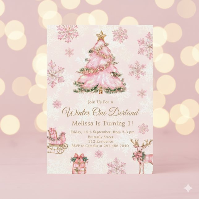 Invitation Winter Onederland Girl 1st Birthday Pink Snowflake (Créateur téléchargé)