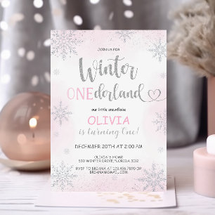 Invitation Winter Onederland Girl Anniversaire rose Invitatio