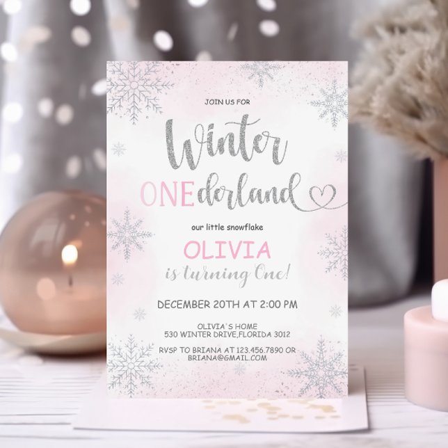 Invitation Winter Onederland Girl Anniversaire rose Invitatio (Créateur téléchargé)