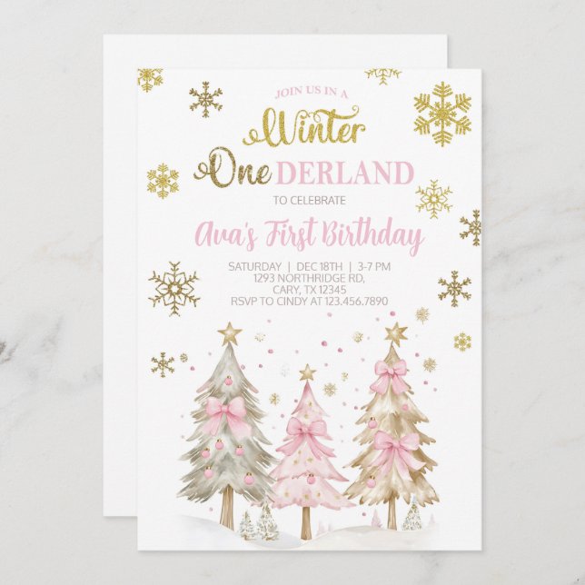 Invitation Winter ONEderland girl Christmas birthday invite. (Devant / Derrière)