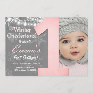 Invitation Winter Onederland Girl Grey Snowflake Anniversaire