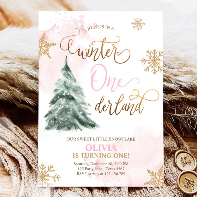 Invitation Winter Onederland Girl Rose or 1er anniversaire In (Créateur téléchargé)