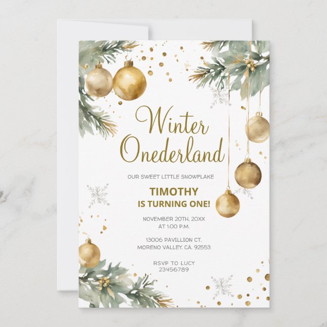 Invitation Winter Onederland Gold Baubles 1er anniversaire fê (Devant)
