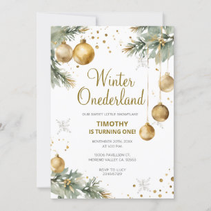 Invitation Winter Onederland Gold Baubles 1er anniversaire fê