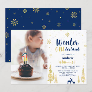 Invitation Winter Onederland, Gold & Navy Boy 1er Anniversair
