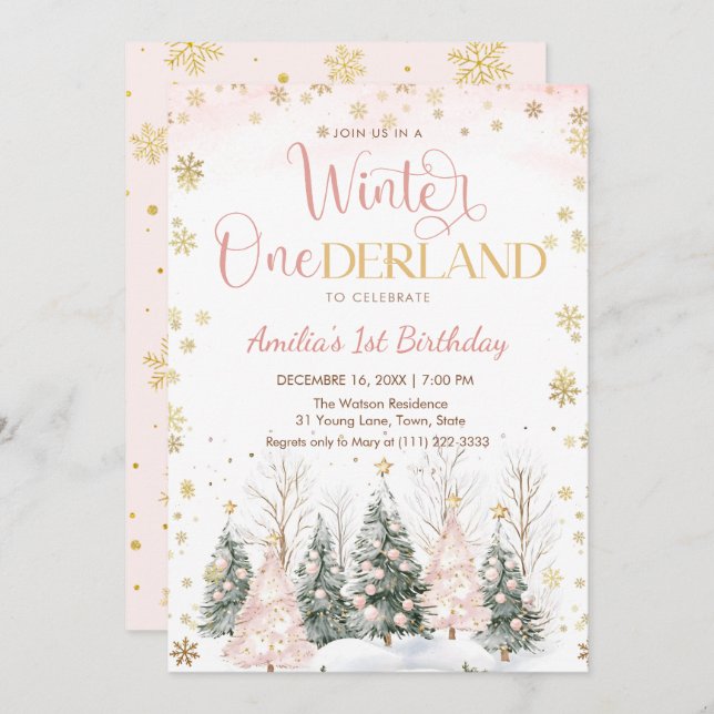 Invitation Winter Onederland Gold Snowflakes 1st Birthday (Devant / Derrière)