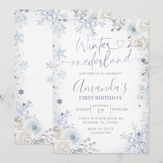 Invitation Winter Onederland Pastel Blue Snowflake Anniversai (Devant / Derrière)