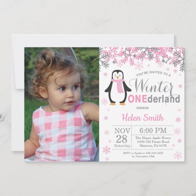 Invitation Winter Onederland Penguin Fille 1er anniversaire (Devant)