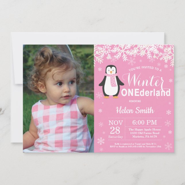 Invitation Winter Onederland Penguin Fille 1er anniversaire (Devant)