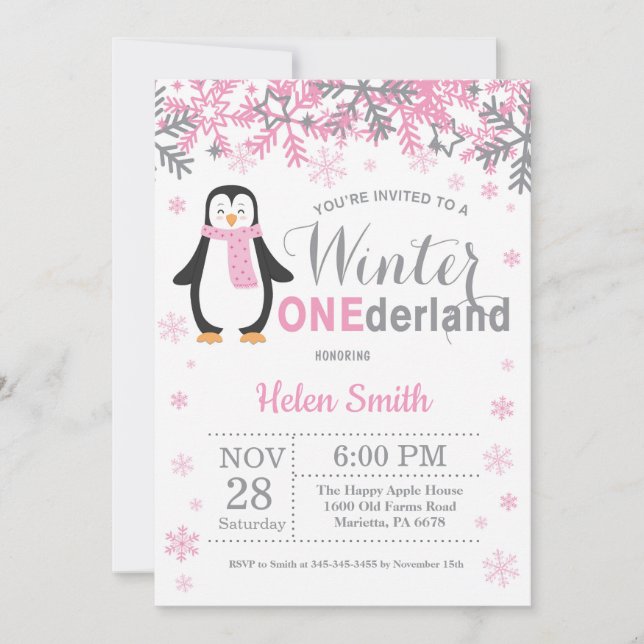 Invitation Winter Onederland Penguin Fille 1er anniversaire (Devant)