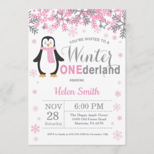 Invitation Winter Onederland Penguin Fille 1er anniversaire