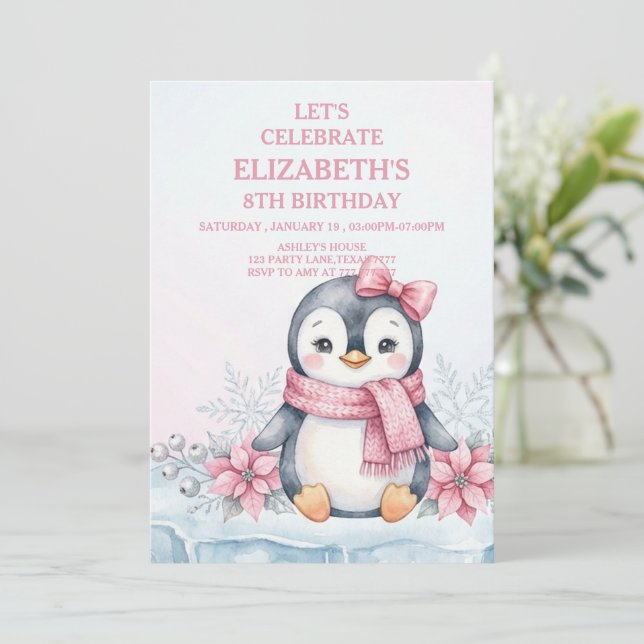Invitation Winter Onederland Penguin Girl Birthday (Debout devant)