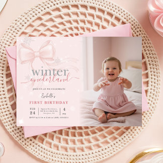 Invitation Winter ONEderland Photo Pink Bow First Birthday