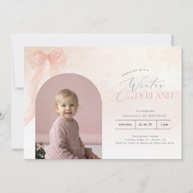 Invitation Winter ONEderland Pink Bow First Birthday Photo (Devant)