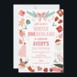 Invitation Winter Onederland Pink Christmas Girl 1er annivers<br><div class="desc">Un invitation de fête d'anniversaire Winter Onederland pour la 1ère fête de Noël de votre petit. Avec d'adorables illustrations de Noël rose et rouge.</div>