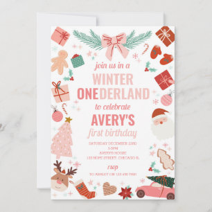Invitation Winter Onederland Pink Christmas Girl 1er annivers