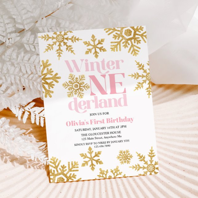 Invitation Winter Onederland Pink Gold Snowflake 1er annivers (Créateur téléchargé)