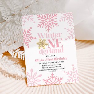 Invitation Winter Onederland Pink Gold Snowflake 1er annivers