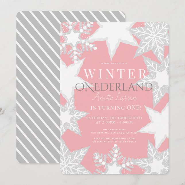 Invitation Winter Onederland Pink & Silver 1er anniversaire (Devant / Derrière)
