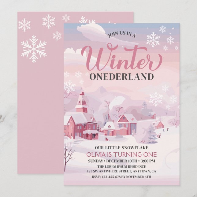 Invitation Winter Onederland Pink Snowflake 1er anniversaire (Devant / Derrière)