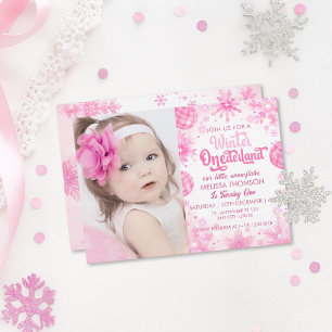 Invitation Winter Onederland Pink Snowflake Anniversaire Phot