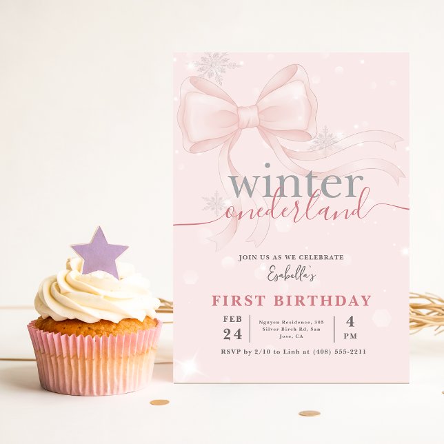 Invitation Winter Onederland Pink Snowflake Bow 1st Birthday (Créateur téléchargé)
