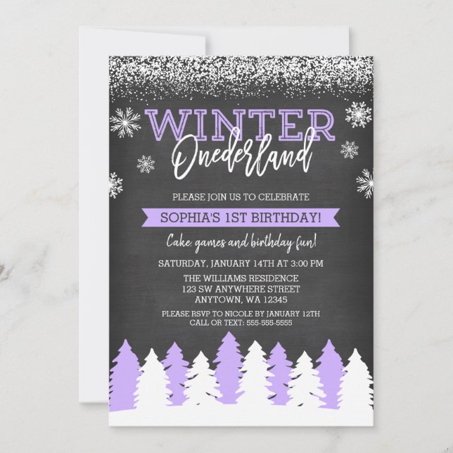 Invitation Winter Onederland Purple Chalkboard 1er anniversai (Devant)