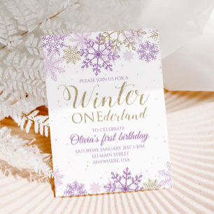 Invitation Winter Onederland Purple et Gold Snowflake Invitat