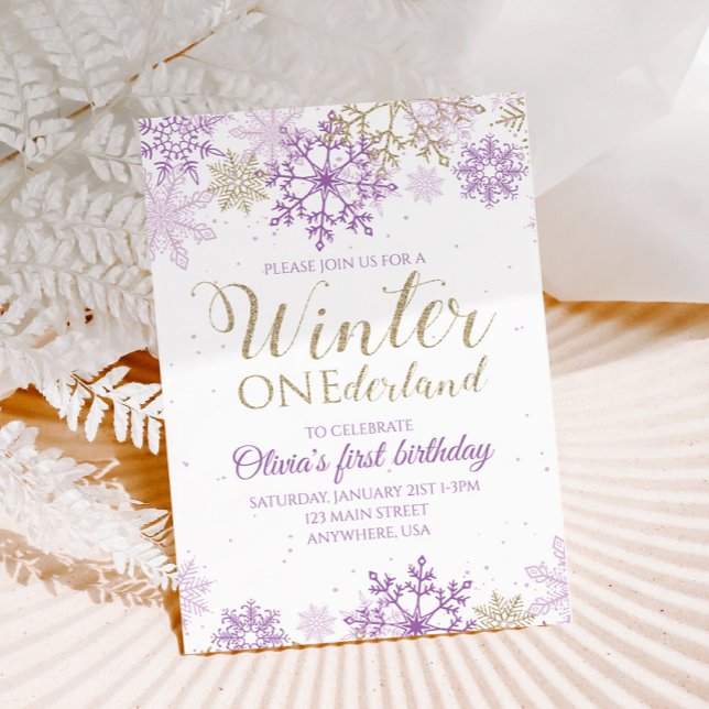 Invitation Winter Onederland Purple et Gold Snowflake Invitat (Créateur téléchargé)
