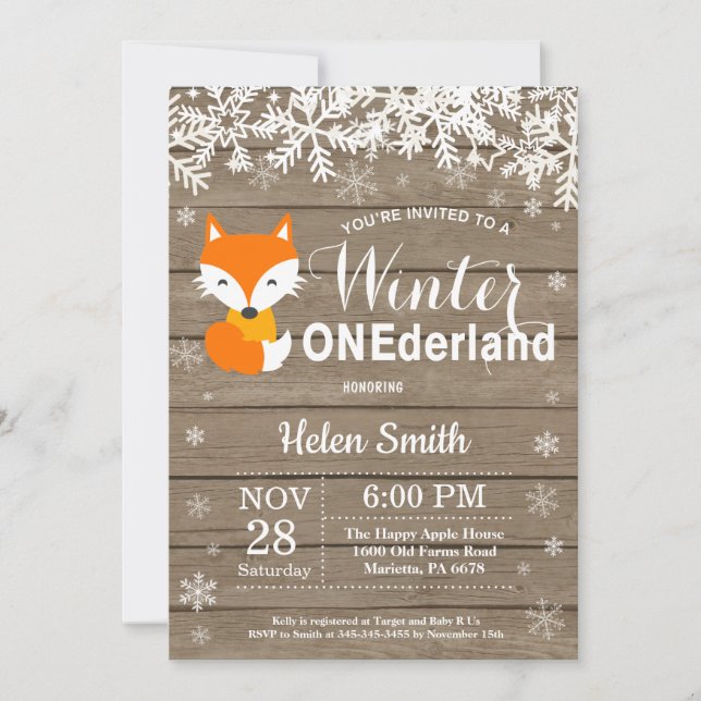 Invitation Winter Onederland Renard rustique 1er anniversaire (Devant)