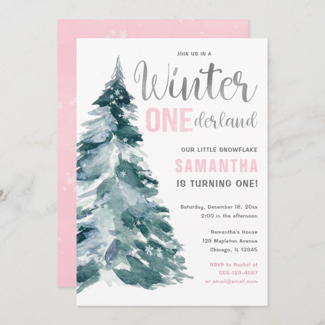 Invitation Winter Onederland rose argent fille 1er anniversai (Devant / Derrière)