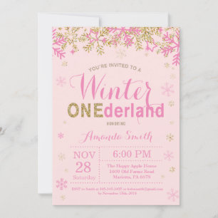 Invitation Winter Onederland Rose et Gold Girl 1er anniversai