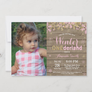 Invitation Winter Onederland Rose et Gold Girl 1er anniversai