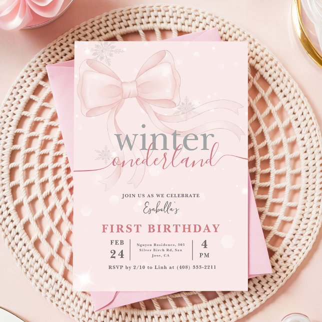 Invitation Winter Onederland Rose Flocon de Neige Arc 1er Ann (Créateur téléchargé)