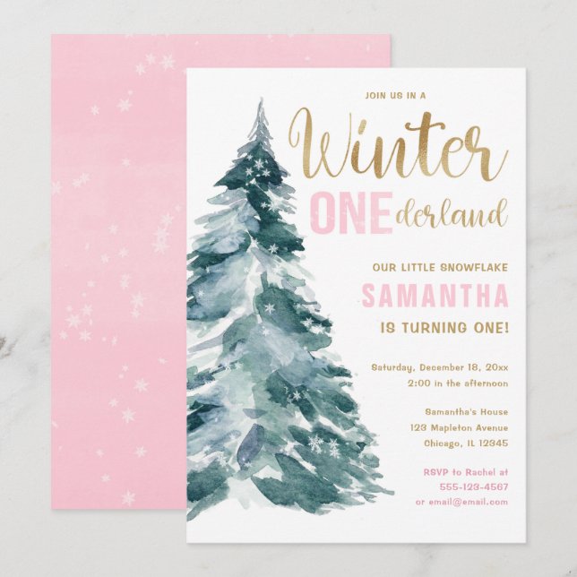 Invitation Winter Onederland rose or fille 1er anniversaire I (Devant / Derrière)