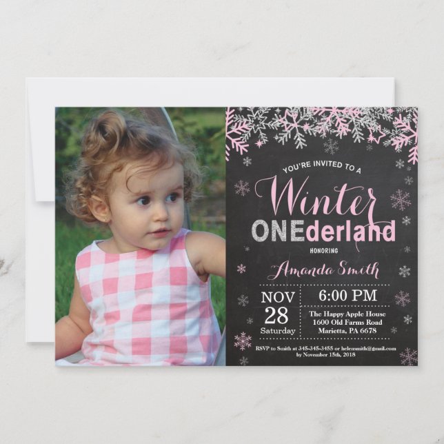 Invitation Winter Onederland Rose Silver Girl 1er anniversair (Devant)