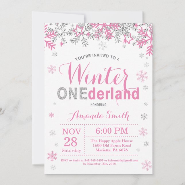Invitation Winter Onederland Rose Silver Girl 1er anniversair (Devant)