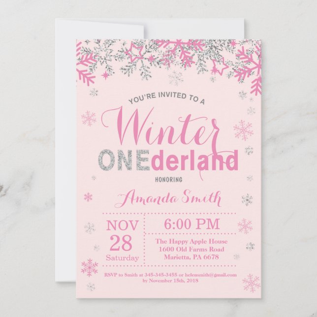 Invitation Winter Onederland Rose Silver Girl 1er anniversair (Devant)