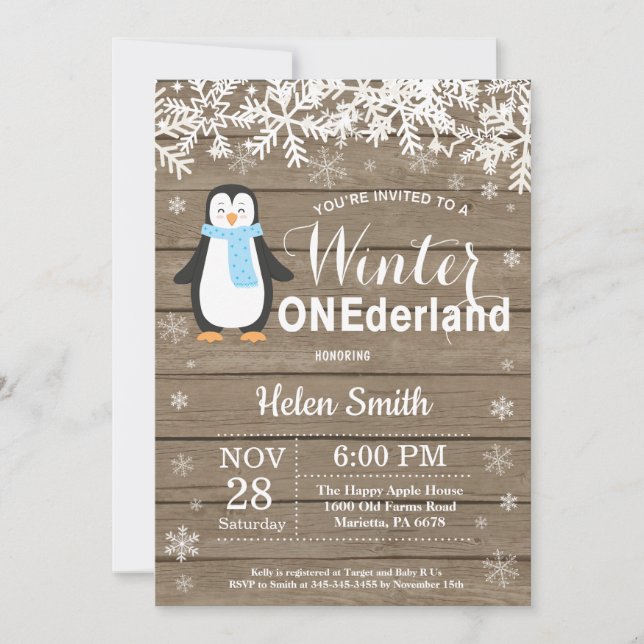 Invitation Winter Onederland Russe Penguin Boy 1er Anniversai (Devant)