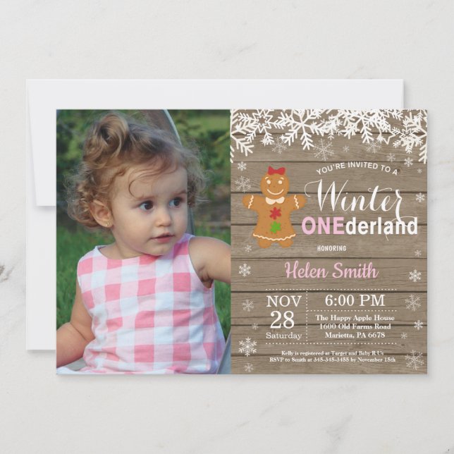 Invitation Winter Onederland Rustic Girl 1er anniversaire (Devant)