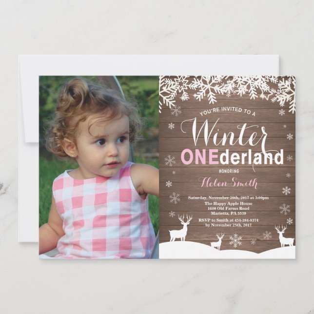 Invitation Winter Onederland Rustic Girl 1er anniversaire Pho (Devant)