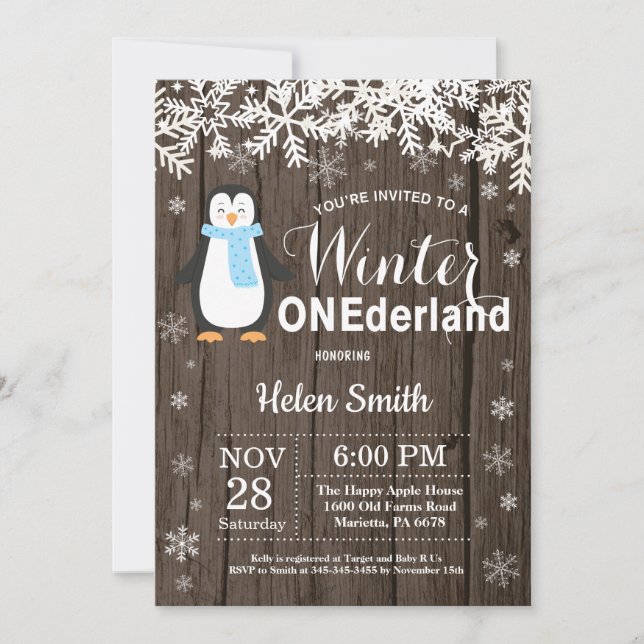 Invitation Winter Onederland Rustic Penguin Garçon 1er annive (Devant)