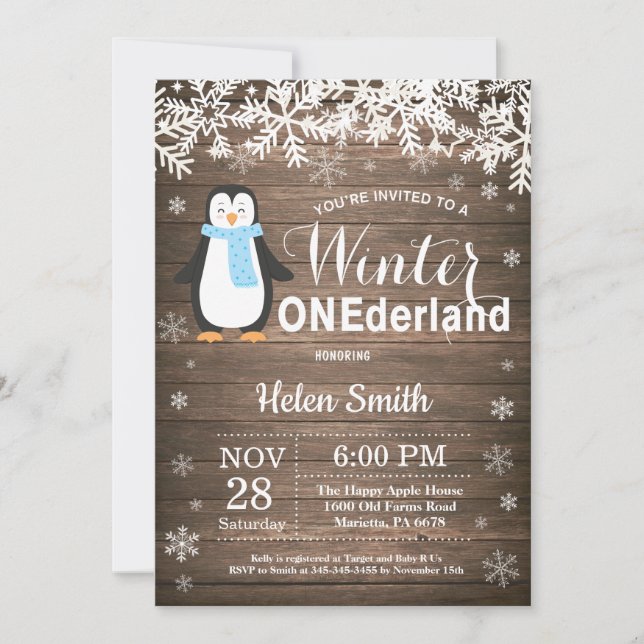 Invitation Winter Onederland Rustic Penguin Garçon 1er annive (Devant)