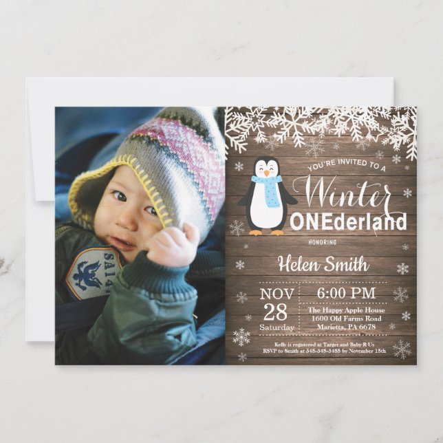 Invitation Winter Onederland Rustic Penguin Garçon 1er annive (Devant)