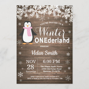 Invitation Winter Onederland Rustic Penguin Girl 1er Annivers