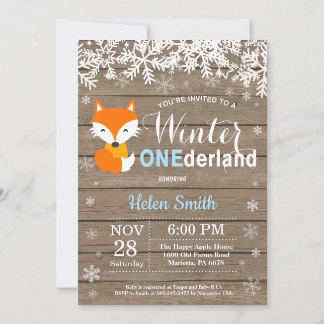 Invitation Winter Onederland Rustique Fox garçon 1er annivers (Devant)